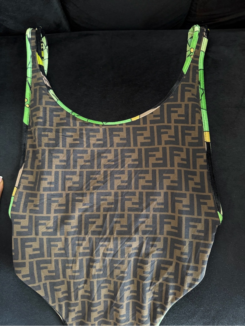 Fendi FF Monogram Scoop One-Piece in Brown with Green Trim